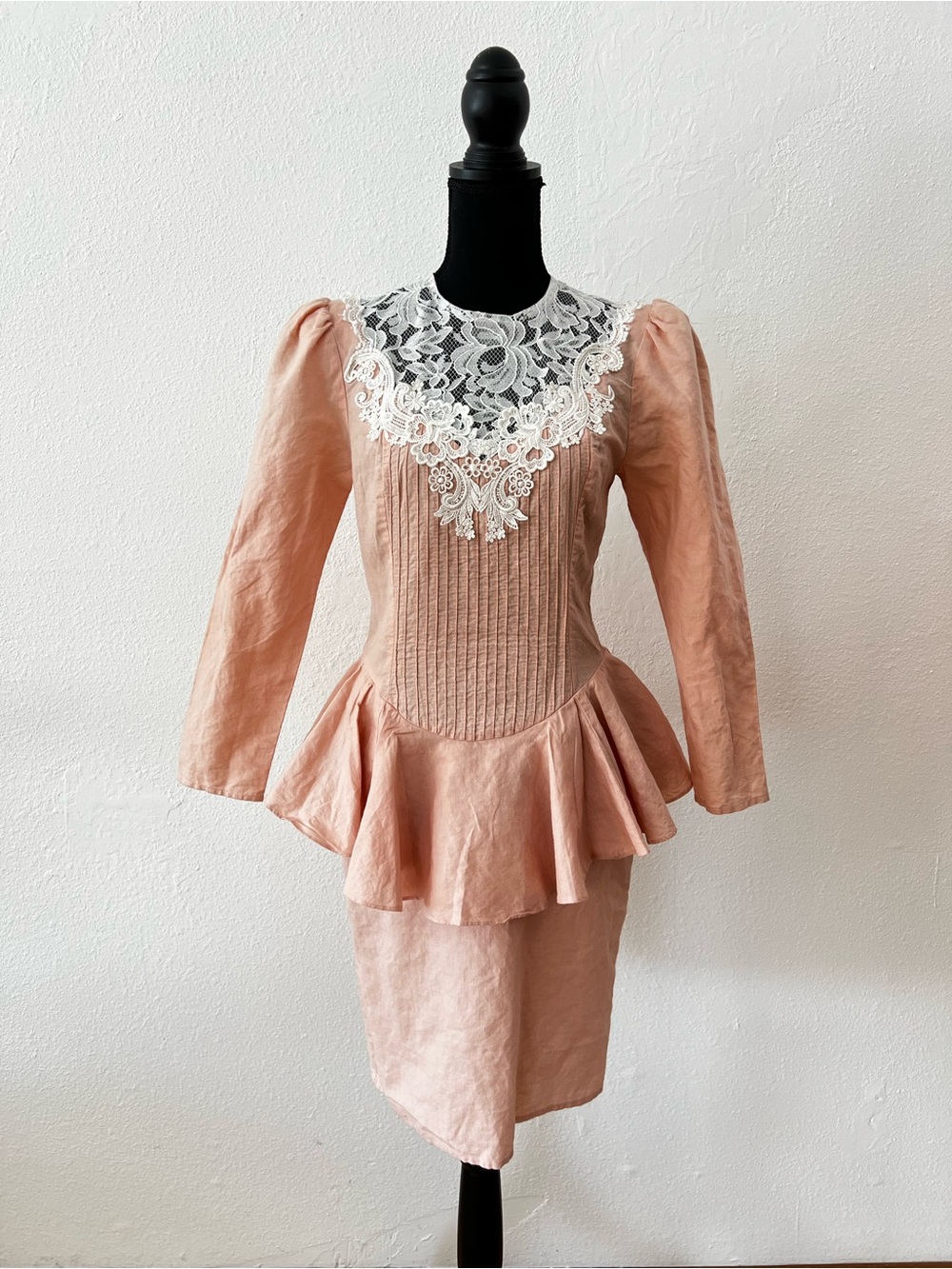 Vintage 80s Scott McClintock Pink Lace Peplum Waist Dress Romantic Cottage Fairy